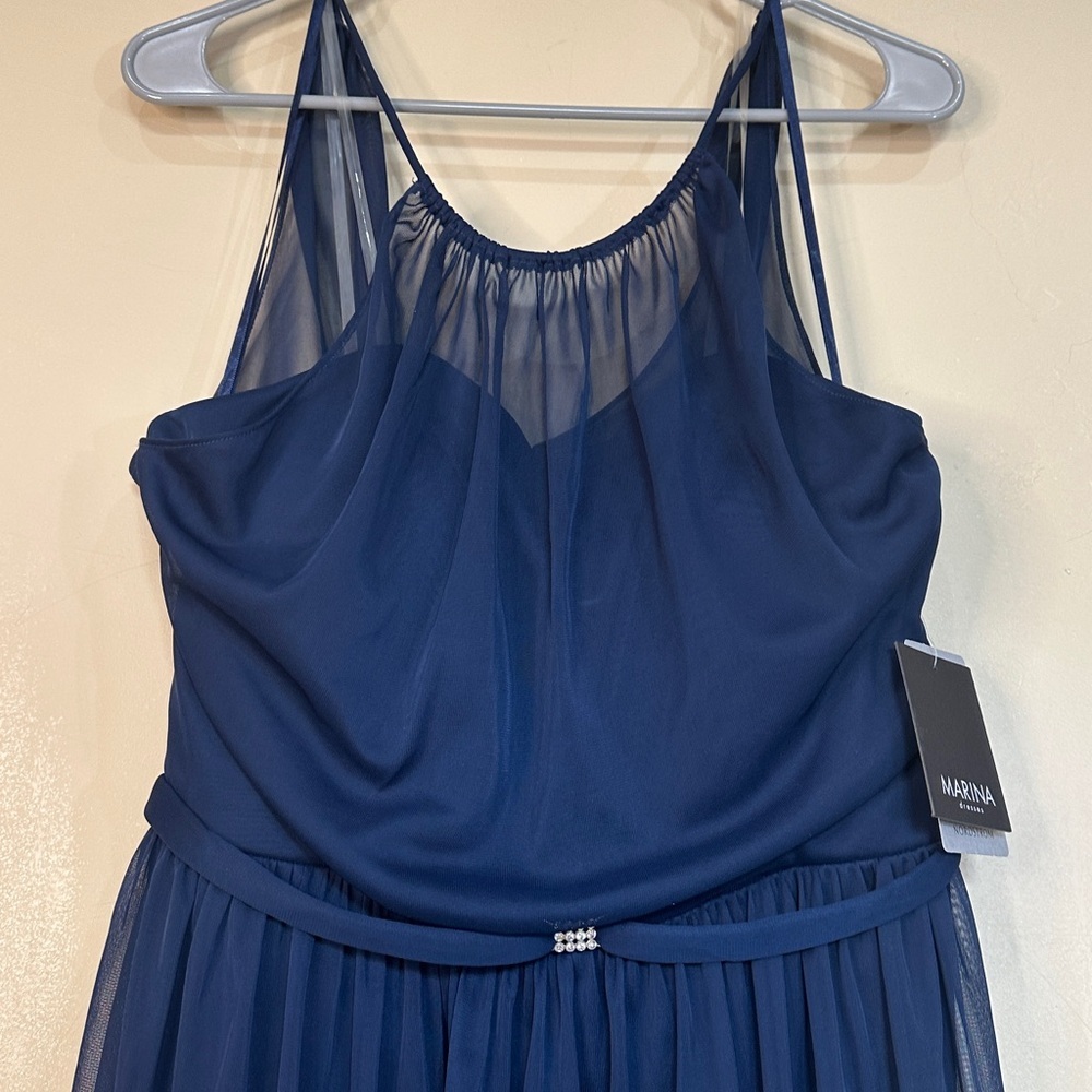 NWT Marina cocktail dress Blue Rhinestone detail belt sheer overlay Sz 16 - Picture 6 of 12